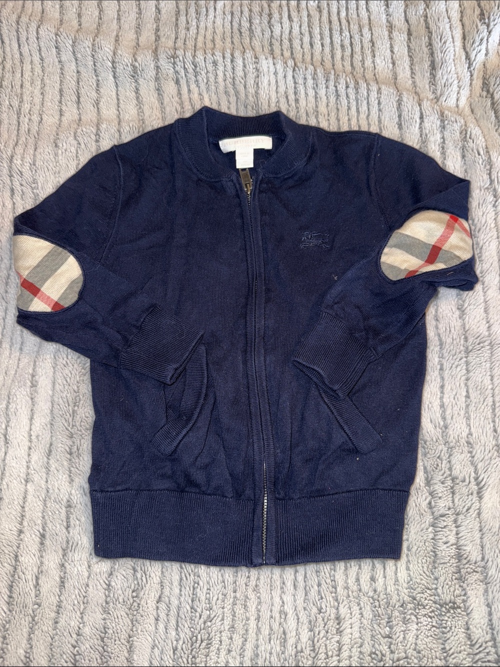 Burberry Navy Kids Zip Sweater with Signature Check Elbow Patches